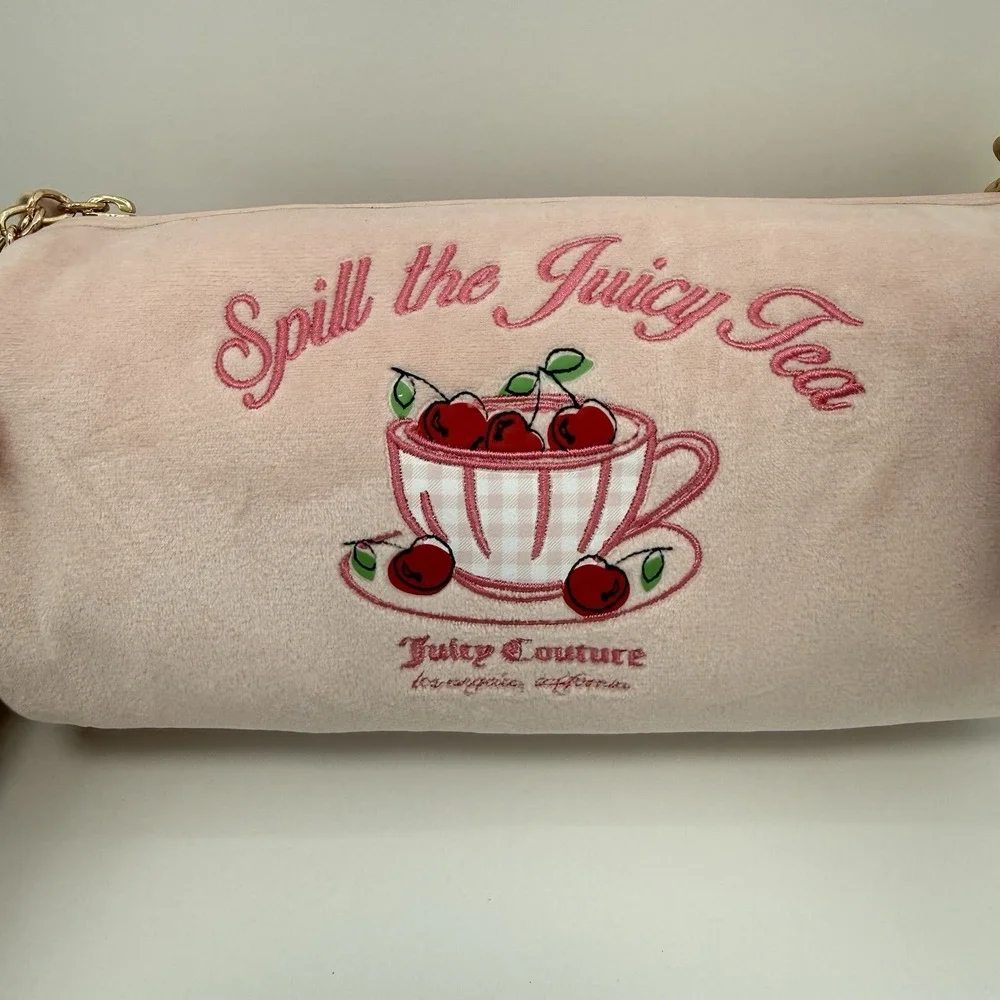 Juicy Couture Pink Embroidered Satchel Top Handle Zip Bag w/Charms, Strap